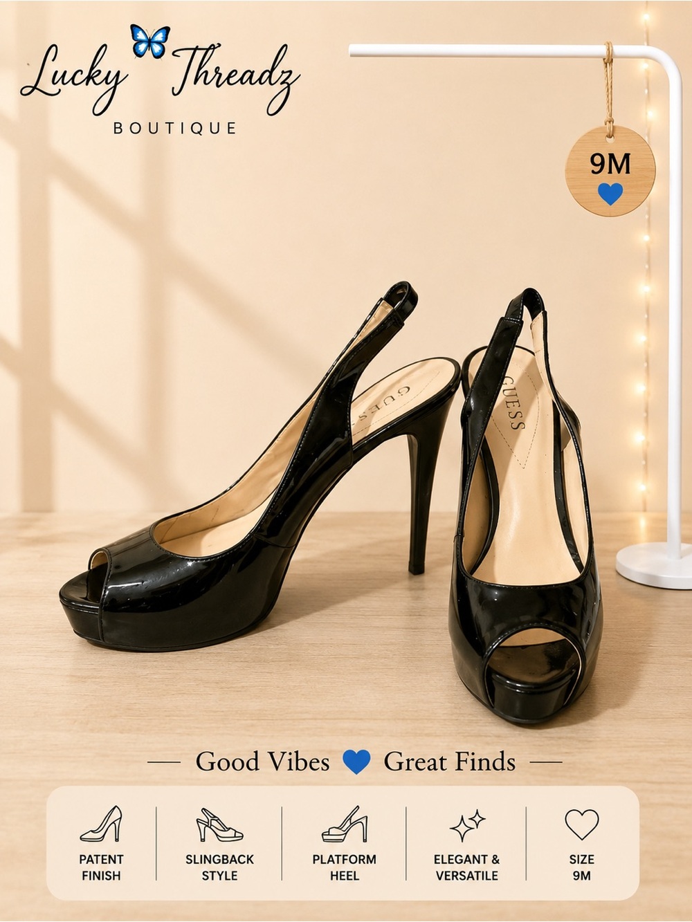 GUESS Black Patent Leather Peep Toe Slingback Platform Heels 9M